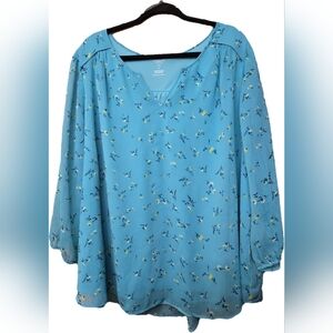 St. John's Bay 3X Blue Floral Blouse with yellow flowers